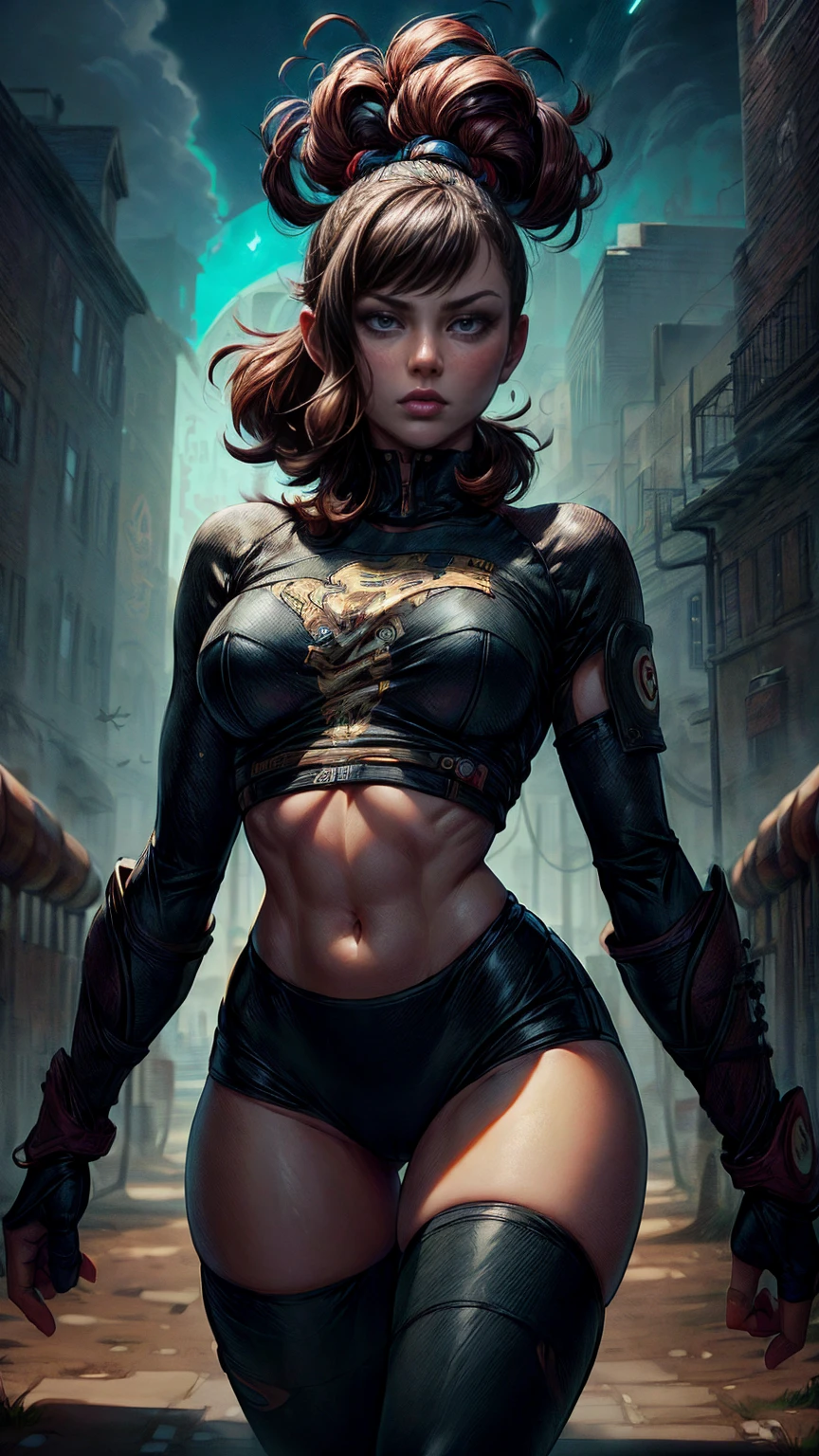 CG K ultrarrealista ,((de primera calidad、8K、32K、Obra maestra、nffsw:1.3)), (superfine illustration)、(super high resolution), (((cuerpo adulto))), (((1 chico en))), ((( pelo corto moderno))), 25 year old cyberpunk gladiator with perfect body, Hombreras con espinas de metal., Gladiadores in Brooklyn, (( bob de pelo corto )), Camiseta del equipo de rugby rota, Casi desnudo al estilo urbano salvaje de Simon Bisley, pelo rubio corto, ropa minima, Metallic protection on the left arm with complex graphics...., Rojo oscuro con estrellas blancas y rayas azules y blancas.,(( dynamic action pose:1.5)), armadura, Lleno de puntas y remaches., Tatuaje de veneno (((Imagen desde la rodilla hacia arriba))), pelo rubio blanco corto, En el fondo、 There is a wall with an intricate design painted by Shepard Fairey....