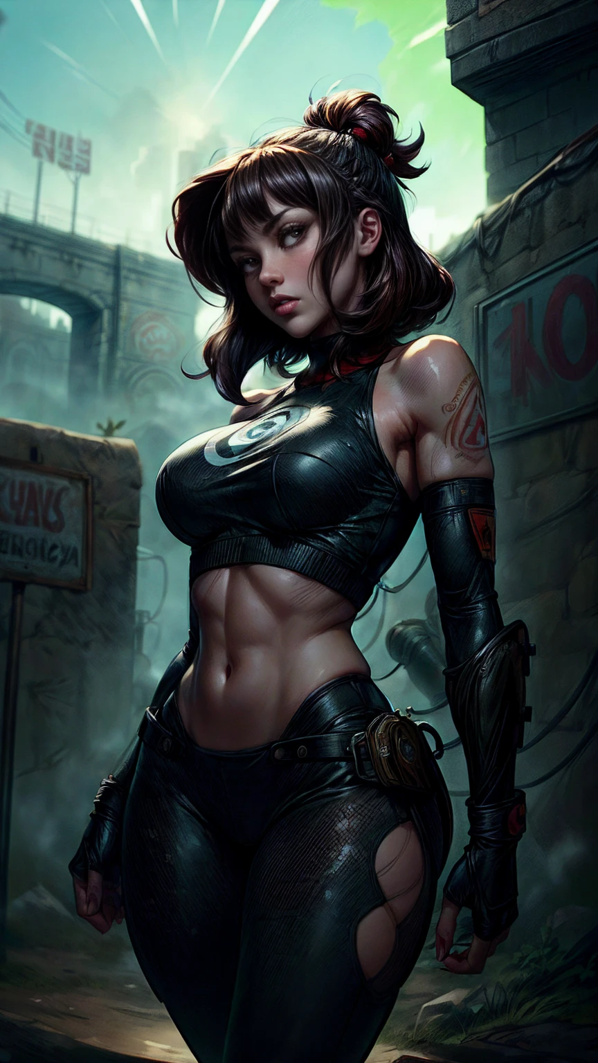 CG K ultrarrealista ,((de primera calidad、8K、32K、Obra maestra、nffsw:1.3)), (superfine illustration)、(super high resolution), (((cuerpo adulto))), (((1 chico en))), ((( pelo corto moderno))), 25 year old cyberpunk gladiator with perfect body, Hombreras con espinas de metal., Gladiadores in Brooklyn, (( bob de pelo corto )), Camiseta del equipo de rugby rota, Casi desnudo al estilo urbano salvaje de Simon Bisley, pelo rubio corto, ropa minima, Metallic protection on the left arm with complex graphics...., Rojo oscuro con estrellas blancas y rayas azules y blancas.,(( dynamic action pose:1.5)), armadura, Lleno de puntas y remaches., Tatuaje de veneno (((Imagen desde la rodilla hacia arriba))), pelo rubio blanco corto, En el fondo、 There is a wall with an intricate design painted by Shepard Fairey....