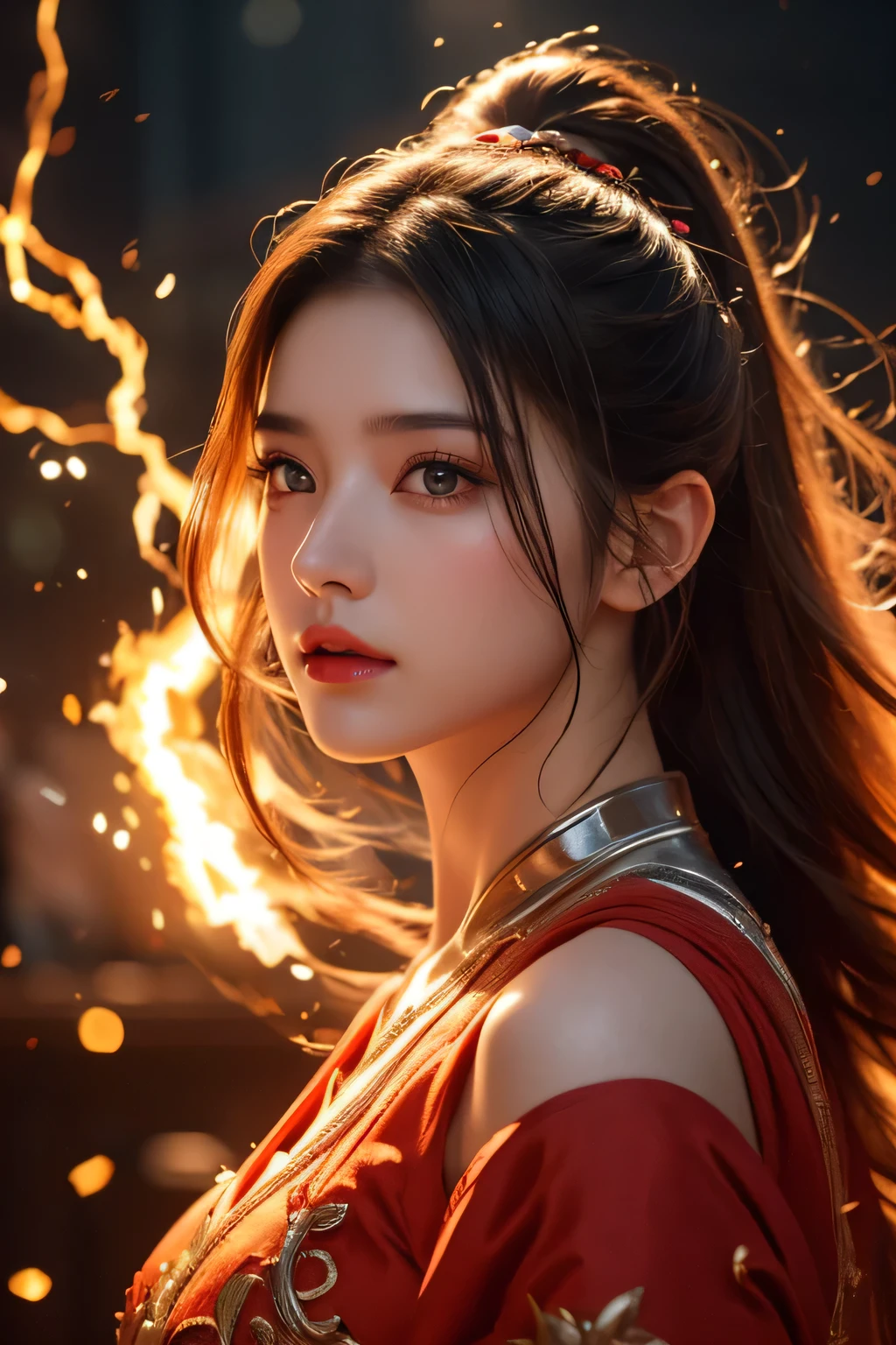 High-quality work,Realistic works,Super premium graphics,8K HD CG works,high quality graphics,High-definition and exquisite CG works,10x pixels,Ultra-fine details:1.1,Advanced technical details:1.1Realistic photo effects,Interior lighting effects:1.5,natural soft light:1.5. Light effect(Virtual light effects:1.8),Ultra-high resolution,shining dress,sliver long hair,silber hair,transparenthair,high detailed hair(Quality hair details:1.1)Clear eyes,Double eyelids look good,Sharp eye makeup, Create exquisite eyelash makeup, tthin eyebrows, Ultra-detailed eyes,a tall nose, lovely red lips, rosey cheeks, With delicate makeup on her face , pretty face, The face shape is perfectly proportioned,(Advanced facial details:1.1)On the battlefield of storms, A woman dressed in a ta outfit uses a weapon with the power of the fire element..(( Lightning danced next to her.)), It reflects the strength of her determination.,Because she embodies the power of nature's power in battle..official art, 8K wallpaper, very detailed, beautiful and aesthetic, beautiful, Masterpiece, best quality,(Focus on the thighs and up.),Clear face,The eyes are detailed.,(wind,hair flying,Flow skirt),,Women's artwork,Dress full body video,Reality,Amazing Cleavage,My eyes are very bright today