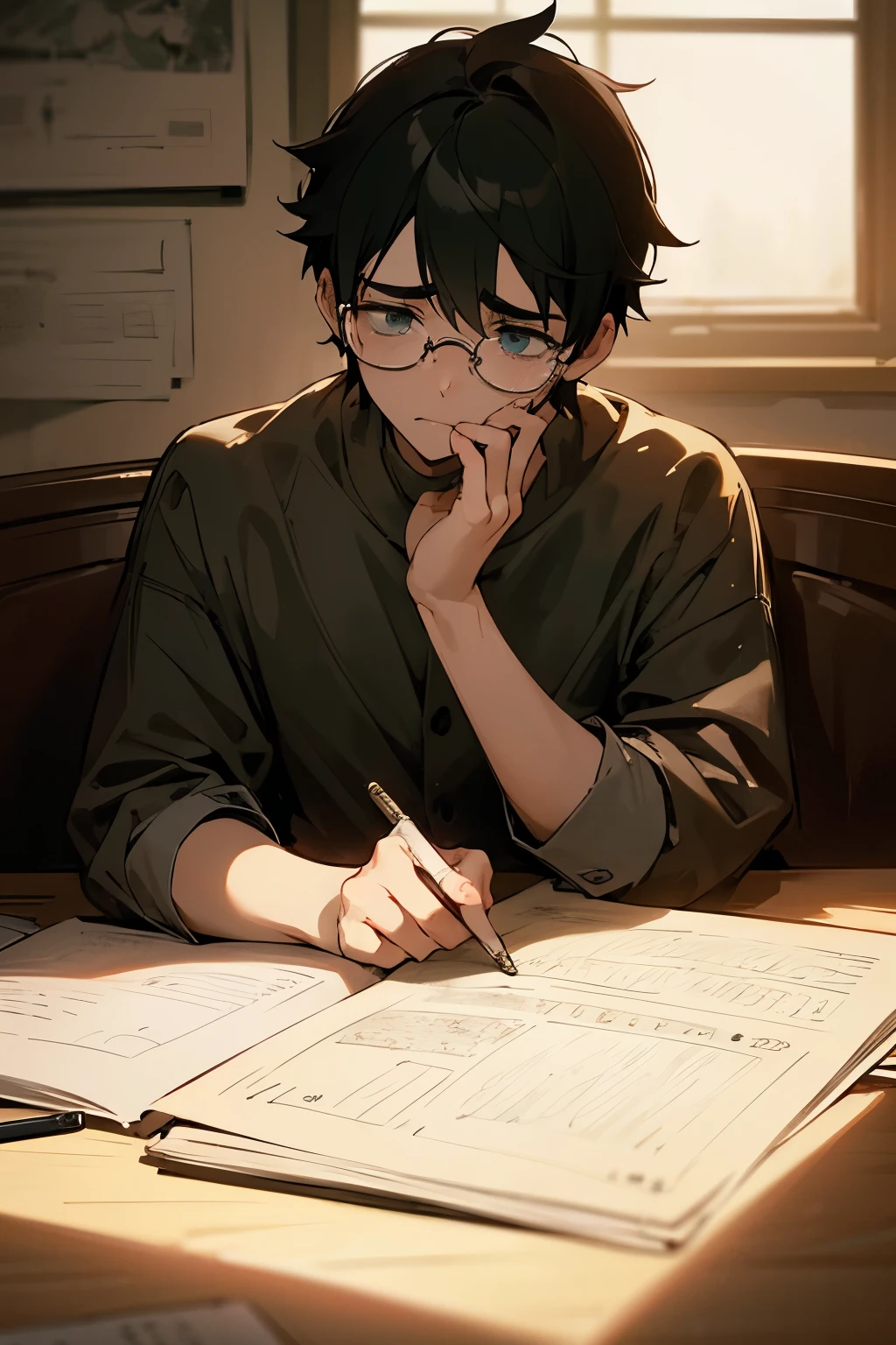 Boy in love, Heart-shaped glasses, Sits in a cozy café, Thoughtfully gazing at a sketchbook, Deep emotions etched on his face, Lines traced with fine ink, Rough draft of a drawing of his beloved, Soft fluorescent lighting, Shadows accentuate his brow furrowed in thought, Hands clasped tightly around the sketchbook, Nervous tension barely hidden, Lip bit slightly, Eyes reflecting longing and admiration, Face slightly flushed from the effort of containment, Silence falls around him, A testament to the intensity of his feelings.