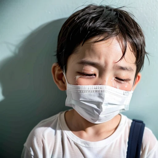 Handsome kindergarten boy with infectious disease、Appearance of suffering. He is wearing a white mask. He has a high fever. he is sleeping. He has a cough. He is exhausted. He is taking his temperature with a thermometer. He is dying. He is cooling his forehead with a cooling gel sheet..Are crying