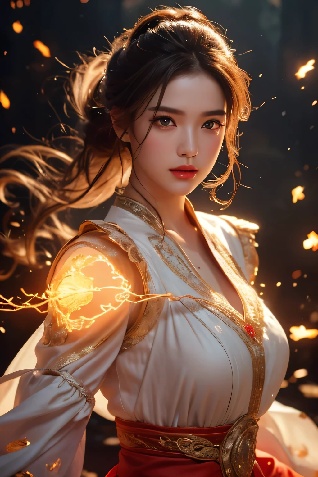 High-quality work,Realistic works,Super premium graphics,8K HD CG works,high quality graphics,High-definition and exquisite CG works,10x pixels,Ultra-fine details:1.1,Advanced technical details:1.1Realistic photo effects,Interior lighting effects:1.5,natural soft light:1.5. Light effect(Virtual light effects:1.8),Ultra-high resolution,shining dress,sliver long hair,silber hair,transparenthair,high detailed hair(Quality hair details:1.1)Clear eyes,Double eyelids look good,Sharp eye makeup, Create exquisite eyelash makeup, tthin eyebrows, Ultra-detailed eyes,a tall nose, lovely red lips, rosey cheeks, With delicate makeup on her face , pretty face, The face shape is perfectly proportioned,(Advanced facial details:1.1)On the battlefield of storms, A woman dressed in a ta outfit uses a weapon with the power of the fire element..(( Lightning danced next to her.)), It reflects the strength of her determination.,Because she embodies the power of nature's power in battle..official art, 8K wallpaper, very detailed, beautiful and aesthetic, beautiful, Masterpiece, best quality,(Focus on the thighs and up.),Clear face,The eyes are detailed.,(wind,hair flying,Flow skirt),,Women's artwork,Dress full body video,Reality,Amazing Cleavage,My eyes are very bright today