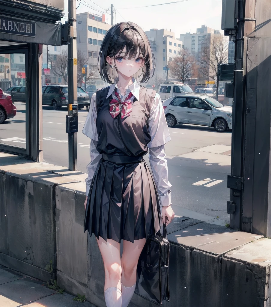 ((school uniform, collared shirt)), outdoor, absurdres, RAW photo, extremely delicate and beautiful, masterpiece, Best Quality, ultra high resolution, 32k, hyperrealistic, ultra-detailed, detailed description, detailed beautiful face and eyes, tearful mole, earring, full body shot,