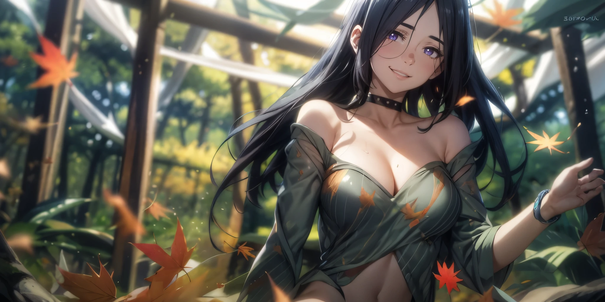 autumn_leaves, autumn, breasts, leaf, 1girl, maple_leaf, detached_sleeves, falling_leaves, bare_shoulders, cleavage, solo, short hair, black_hair, strapless, large_breasts, tree, outdoors, water, collarbone, wet, navel, fire, bangs,  hair_ornament, makeup, looking_at_viewer, lips, nature, smile, closed_mouth, forest, detached_collar, blush, choker, jewelry, mascara, long_sleeves, lake