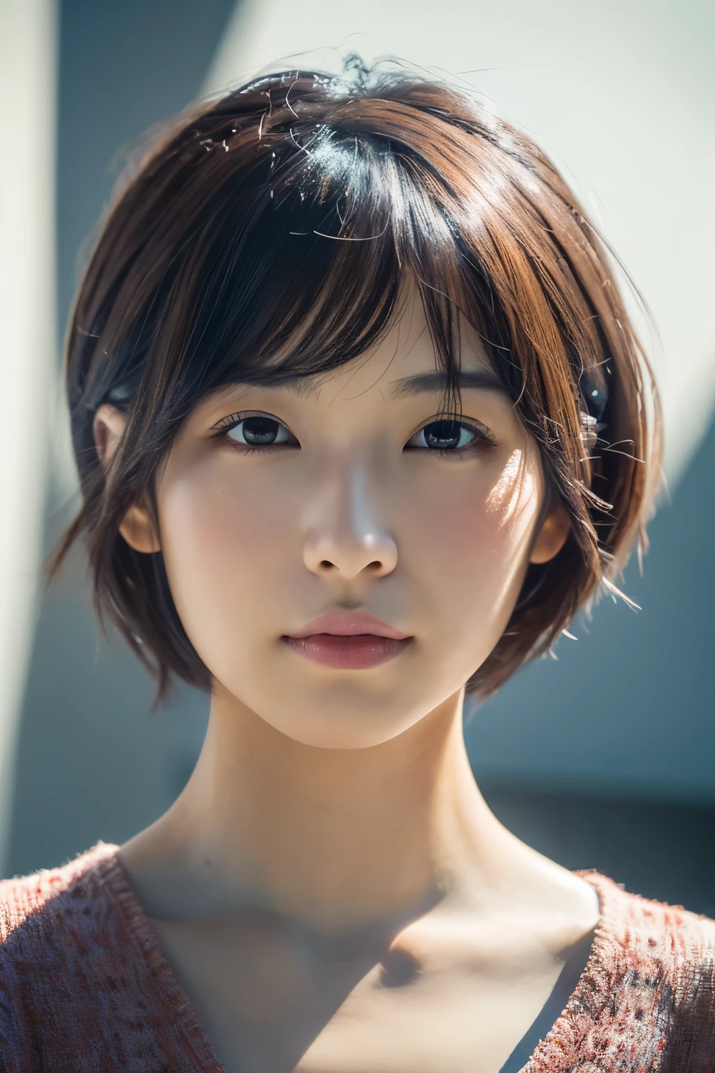 8K, highest quality, masterpiece, High resolution, (realism: 1.4), original photo,28-year-old,1 Japanese female,(realistic skin texture: 1.3), (film grain: 1.3), (Upper body), 1 girl, beautiful eyes and face details, masterpiece, highest quality, profile,very short hair, Upper body, wearing a shirt,((looking at the viewer)),((cool look)),((berry shortcut)),detailed hair, 8k, High resolution, super resolution, great visuals, realistic lighting, photo realism, concrete wall,white background,slightly turned to the side