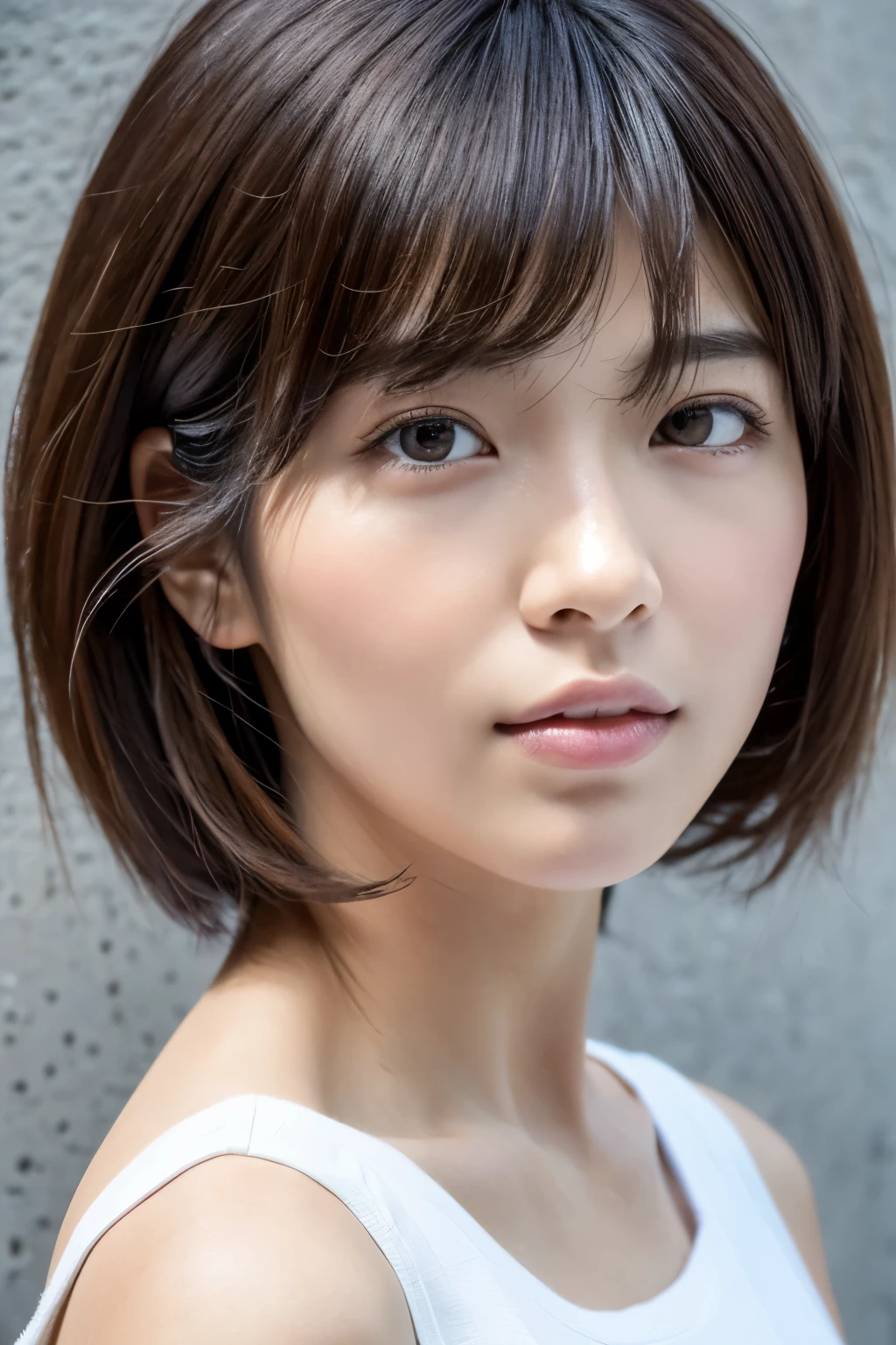 8K, highest quality, masterpiece, High resolution, (realism: 1.4), original photo,28-year-old,1 Japanese female,(realistic skin texture: 1.3), (film grain: 1.3), (Upper body), 1 girl, beautiful eyes and face details, masterpiece, highest quality, profile,very short hair, Upper body, wearing a shirt,((looking at the viewer)),((cool look)),((berry shortcut)),detailed hair, 8k, High resolution, super resolution, great visuals, realistic lighting, photo realism, concrete wall,white background,slightly turned to the side
