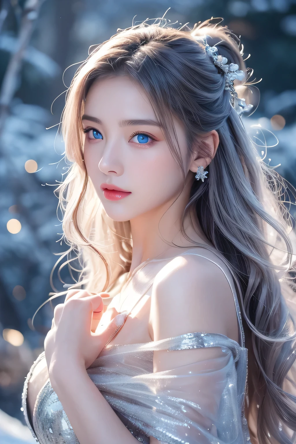 High-quality work,Realistic works,Super premium graphics,8K HD CG works,high quality graphics,High-definition and exquisite CG works,10x pixels,Ultra-fine details:1.1,Advanced technical details:1.1Realistic photo effects,Interior lighting effects:1.5,natural soft light:1.5. Light effect(Virtual light effects:1.8),Ultra-high resolution,shining dress,sliver long hair,silber hair,transparenthair,high detailed hair(Quality hair details:1.1)Clear eyes,Double eyelids look good,Sharp eye makeup, Create exquisite eyelash makeup, tthin eyebrows, Ultra-detailed eyes,a tall nose, lovely red lips, rosey cheeks, With delicate makeup on her face , pretty face, The face shape is perfectly proportioned,(Advanced facial details:1.1)wonderful, 最high quality, Photorealistic and hvery detailed CG integrated 8k wallpaper, high quality, very detailed, Narrative poem, particle effects, dynamic effects, written boundary depth, cinematic light, Lens flare, ray tracing)), fantasy, ((1 beautiful woman, clear blue eyes, Silver long hair, beautiful face, real face, beautiful detailed eyes, beautiful skin, woman dancing gracefully:1.7, woman dancing gracefully:1.7)), long hairがWindでなびく, long hairが跳ねる, long hairがWindで踊る, hair jump, jewelry, tattoo, Hanfu, chinese fairy, taoist uniform, silver earrings, ((night, Wind, darkness, full moon, Night Sky, Snow and hoarfrost, very cold winter day, snow-capped mountainや森, hoarfrost, snow-capped mountain々, The beauty and brilliance of frost-covered trees, The tranquility and beauty of a world of ice and snow)), hip up, beautiful eyes, long hair, ring-shaped eyes,Women's artwork,Dress full body video,Reality,Amazing Cleavage,My eyes are very bright today