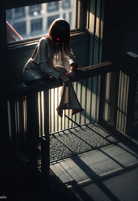 Realistic image of Japanese horror movie flavor., ((obra maestra)), (mejor calidad), (cualidad absurda), high resolution, 32K, (Fotorrealista:1.4), pelo negro, Foto hiperrealista de Yamamura._sadako, (((rasgado, Vestido blanco sexy))), ((piel gris)), pelo largo sobre los ojos, ojos cubiertos, Cara oculta por el pelo largo, escalofriante, casa abandonada desordenada, dark atmosphere, escotes ultra enormes, tiro de cuerpo completo, Full room view, derramado Pechos enormes,
