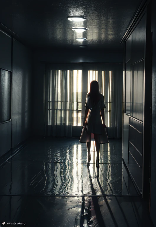 Realistic image of Japanese horror movie flavor., ((obra maestra)), (mejor calidad), (cualidad absurda), high resolution, 32K, (Fotorrealista:1.4), pelo negro, Foto hiperrealista de Yamamura._sadako, (((rasgado, Vestido blanco sexy))), ((piel gris)), pelo largo sobre los ojos, ojos cubiertos, Cara oculta por el pelo largo, escalofriante, casa abandonada desordenada, dark atmosphere, escotes ultra enormes, tiro de cuerpo completo, Full room view, derramado Pechos enormes,