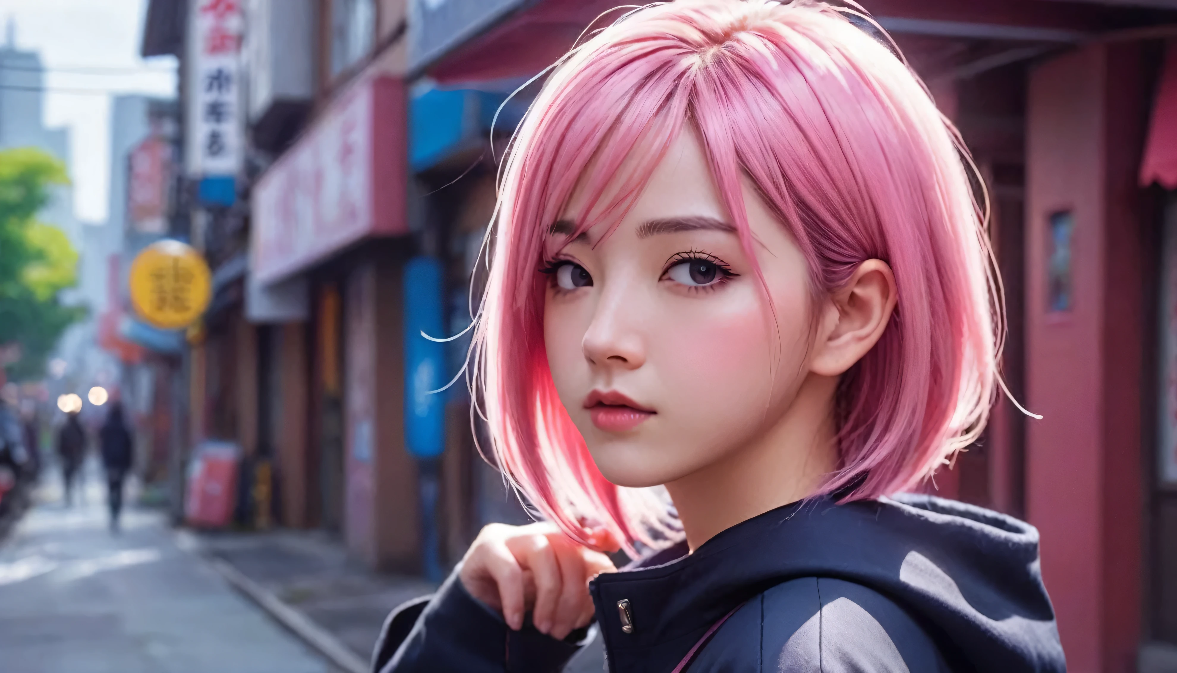 Sakura haruno, Fascinating, ((Show your forehead)), Charm, Sexy Eyes, Red coat, Pink Hair, delicate, young, short hair, Detailed face, High resolution, whole body, From League of Legends, Art Station Trends, Lads, Andreas Rocha, Lost Draw, Makoto Shinkai, Laurie Greasley, Lois van Baarle, Ilya Kuvshinov and Greg Rutkowski