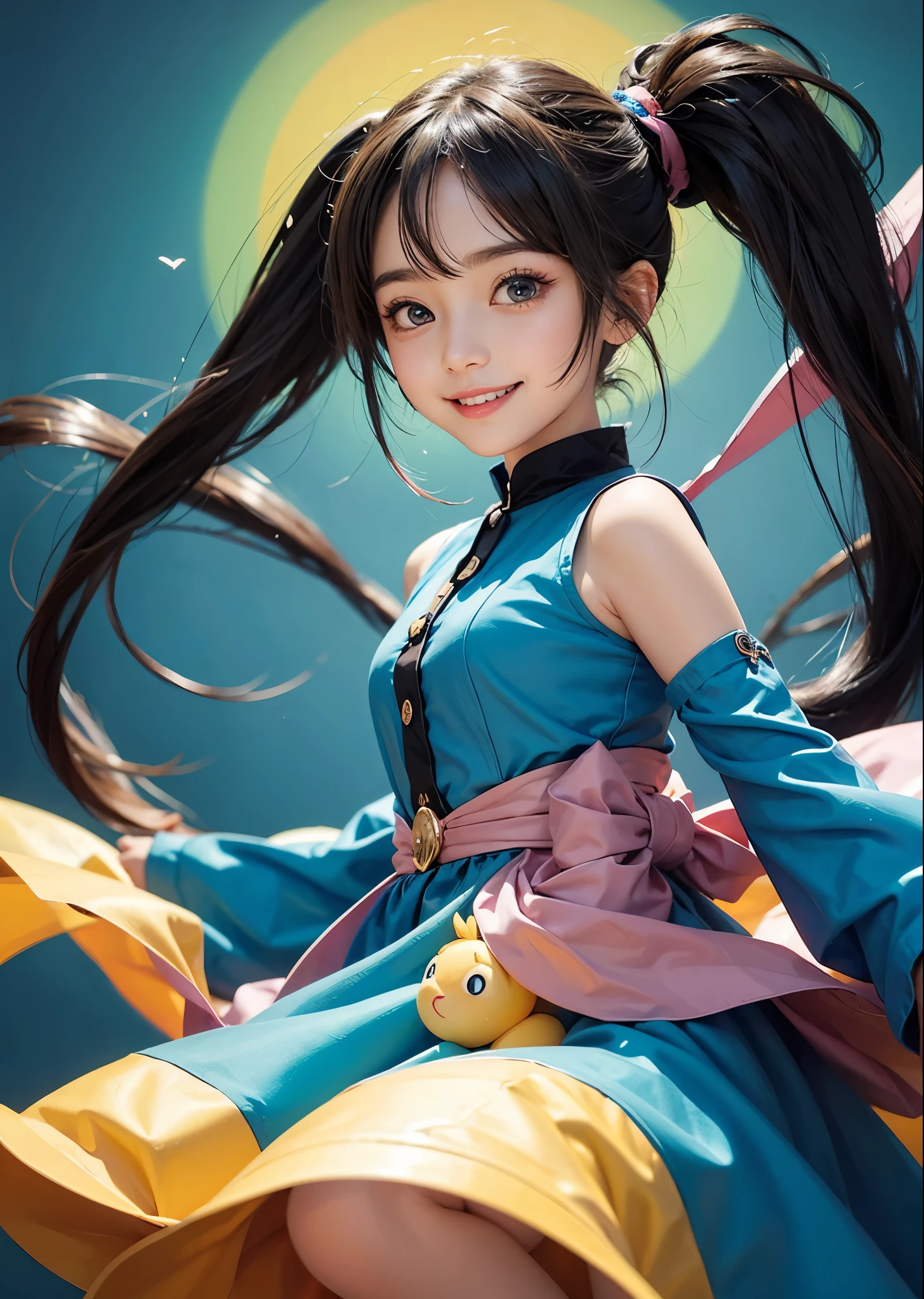 Please draw cute things in vivid colors.、smile、Big eyes like anime、ponytail、I can&#39;t show my hands