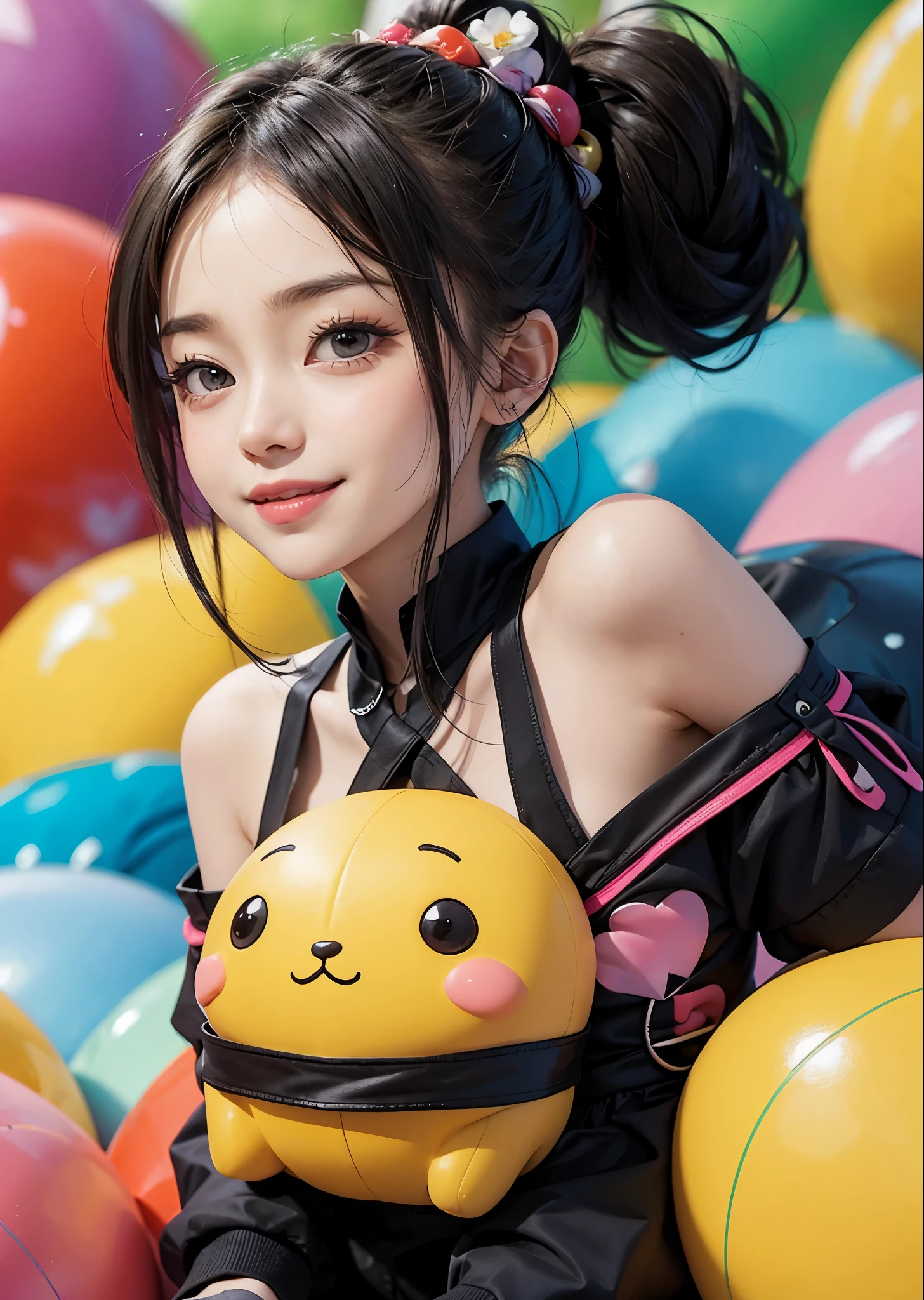 Please draw cute things in vivid colors.、smile、Big eyes like anime、ponytail、I can't show my hands