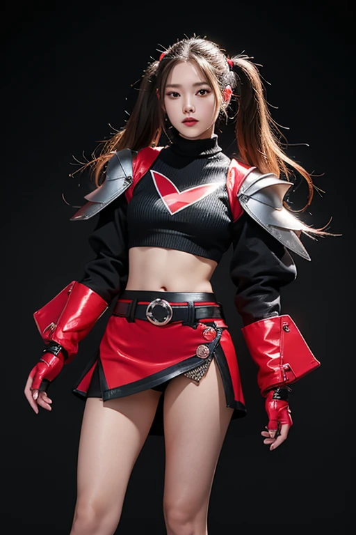 Beauty，Powerful，boots，Twin tails，whole body，Fighter，mini skirt，The upper body is in flashy armor，Flashy gloves，Belly button，The clothes are red and black