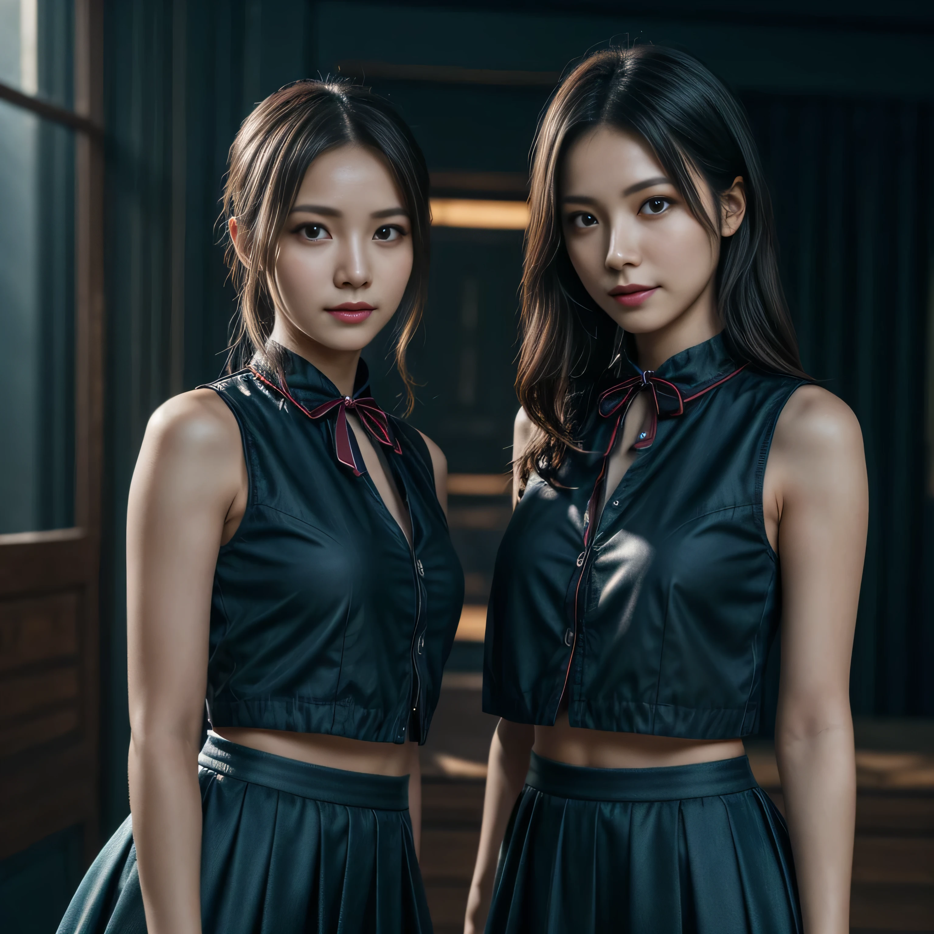 1girl、cinematic lighting, (RAW photo, best quality), (realistic, photo-realistic:1.4), masterpiece, an extremely delicate and beautiful, extremely detailed, 4k wallpaper, Amazing, finely detail, extremely detailed CG unity 8k wallpaper, ultra-detailed, highres, soft light, beautiful detailed girl, (detailed face), extremely detailed face, extremely detailed eyes and face, beautiful detailed nose, beautiful detailed eyes, perfect anatomy, slender body, look at viewer, dynamic,rinoa, arm warmers, sleeveless coat, black shirt, blue skirt, arm ribbon, upper body, from side, looking at viewer, smile, clouds, in midair,cowboy shot