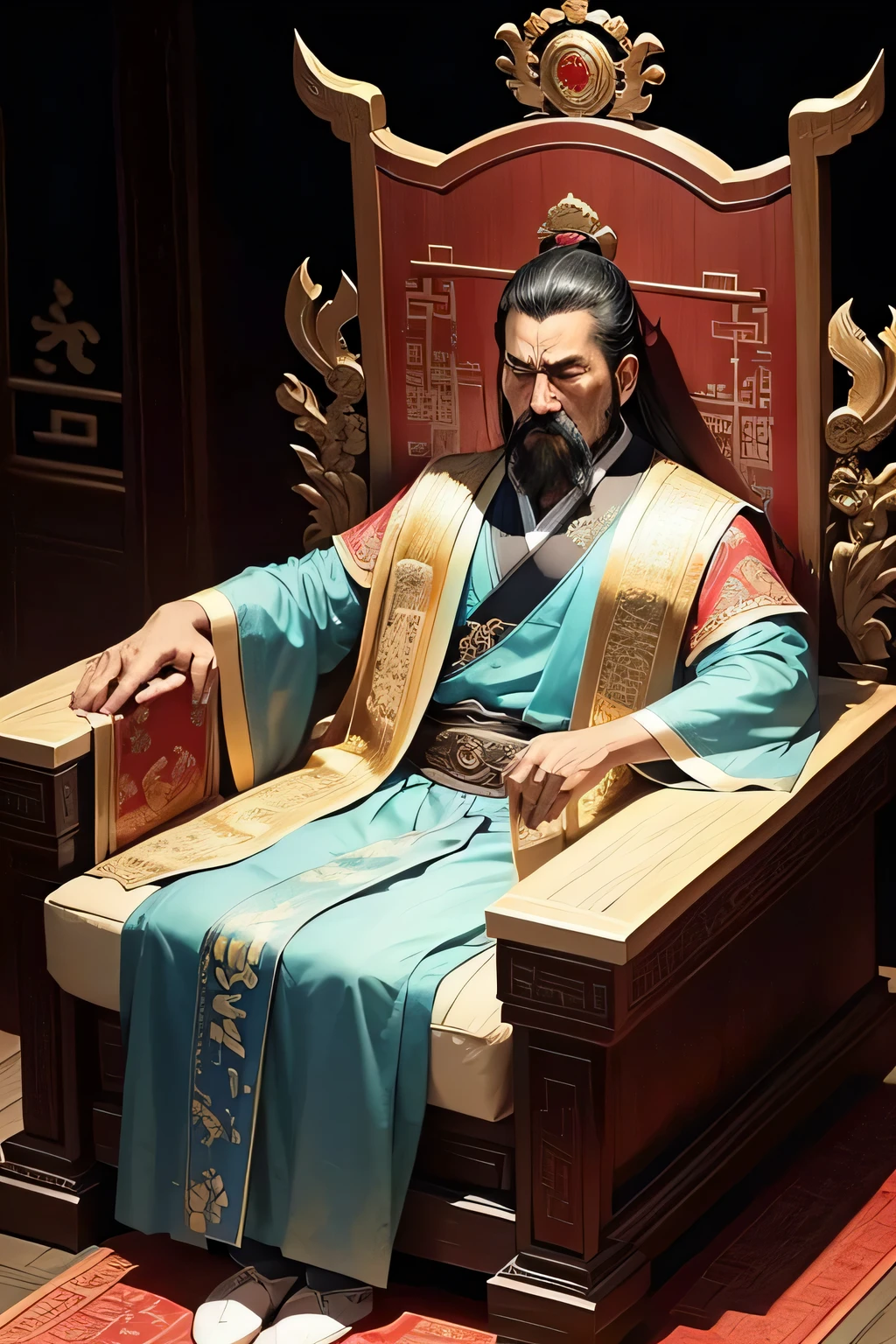 Colored Water,Chinese painting style,The emperor turns black,There is a mustache,The emperor sits on the throne,anger,Pointing fingers at the court officials,All the ministers bowed their heads,The ministers lined up in front of the throne
