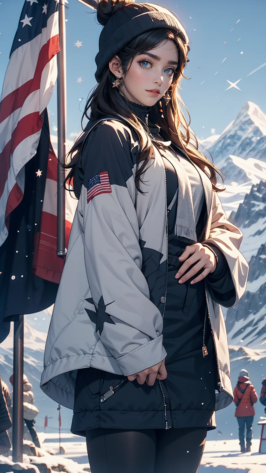 Himalayan peak、Wear cold weather gear、24 year old Caucasian female、Raising the American flag