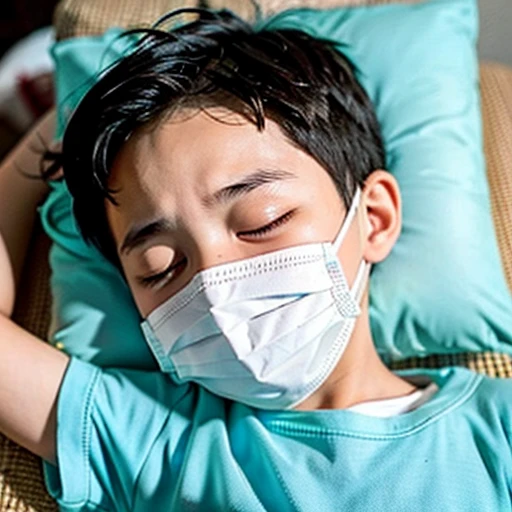 Handsome kindergarten boy with infectious disease、Appearance of suffering. He is wearing a white mask. He has a high fever. he is sleeping. He has a cough. He is exhausted. He is taking his temperature with a thermometer. He is dying. He is cooling his forehead with a cooling gel sheet..Are crying