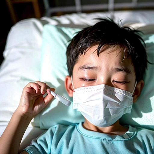 Handsome kindergarten boy with infectious disease、Appearance of suffering. He is wearing a white mask. He has a high fever. he is sleeping. He has a cough. He is exhausted. He is taking his temperature with a thermometer. He is dying. He is cooling his forehead with a cooling gel sheet..Are crying