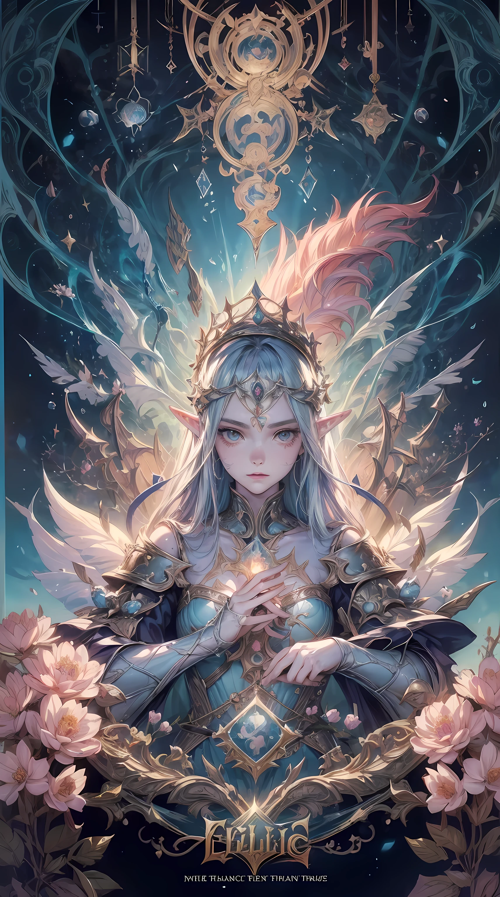 A gorgeous and beautiful tarot card of the Elf Warrior Queen, Fractal Magic, Illustrations in the style of Travis Charest, Ink Line Drawing, poster, Elle Fanning (Elle Fanning) model, CG Society, Fantasy Art, detailed illustration, mystery, Botanical masterpiece, detailed, Surrealism, Elements of Symbolism and Surrealism, Complex design, Intertwined, Beautiful woman, Flowers, Pastel.