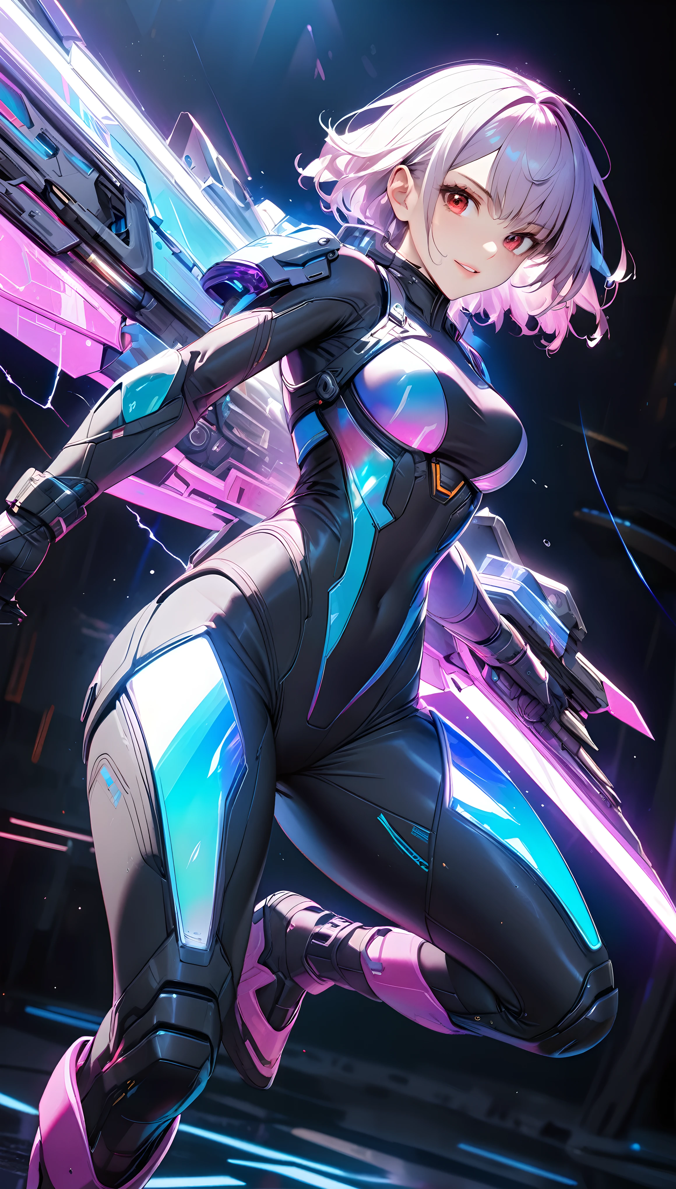 Space War Punk, Dynamic composition that captivates the viewer, A beautiful woman with a perfect face, alone, Slim and attractive figure, Adult charm, Wear a tight, custom-fitting combat suit, The whole body is covered with a special material that is only a few microns thick., Very tight stretchy material, Multi-colored plug suit with neon accents, The tight fit invites her to pleasure, No wasted space, just the freedom to move as if naked, The tight fit accentuates her attractive curves, High defensive power、When physically attacked, parts of it turn into a hard material., Detailed and accurate depiction of the tension and wrinkles of the cybersuit, Phantasmal iridescent, Blacklight, Fusion and evolution of science fiction and cyberpunk, Detailed and vivid depiction, Delicate and precise brushwork, 
BREAK Detailed and attractive face, Glossy and seductive lips, sense of superiority, pleasure, cute, Insanity, Adult sex appeal, (Attacking viewers with superhuman weapons:1.8, A relentless attack, Overwhelming destructive power), He glares at the viewer with a fearless smile., (Indifference, kind, aesthetic), 
BREAK (Get closer to your audience at lightning speed), [Her attractive face comes closer], Sexual seduction from an open chest, BREAK (Strong and fleeting red eyes, Full-color clear eyes, Crystal clear reflections), I was captivated by those eyes、The illusion of time stopping for a moment,  
BREAK Highest Quality, Highest Resolution, Detailed and crisp image quality, 16k, ((Doing somersaults)). Enchanting, aesthetic, 
Dynamic wide full body shot, ankle in of frame, Rapid fire, Rapid movements leave a transparent afterimage, 
BREAK Neon Art Background, Faithfully expressing light transmission and reflection、Wet texture floor, Cinematic lighting effects, Transparent light, Mysterious Light, Fantastic Fog, Cryptical, 
BREAK ((Phantasmal iridescent, holographic)), (Detailed and clear depiction, transparency:1.6), 
BREAK Ultra-realism, Ultra-high resolution, Use all kinds of effects to captivate your audience, For a fantastic image, Emphasizing the subject&#39;s presence, 
BREAK Removes excess noise, Re-drawing into a clear and vivid work, Rendering with afterimage, 