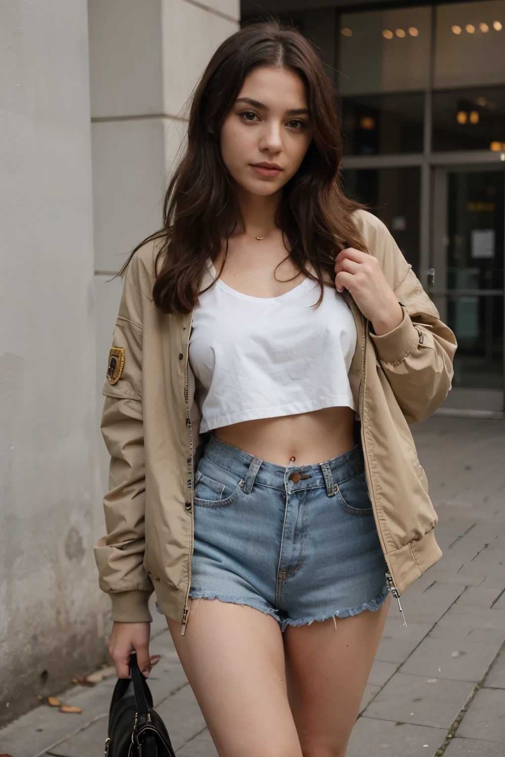 Girl is wearing bomber jacket 