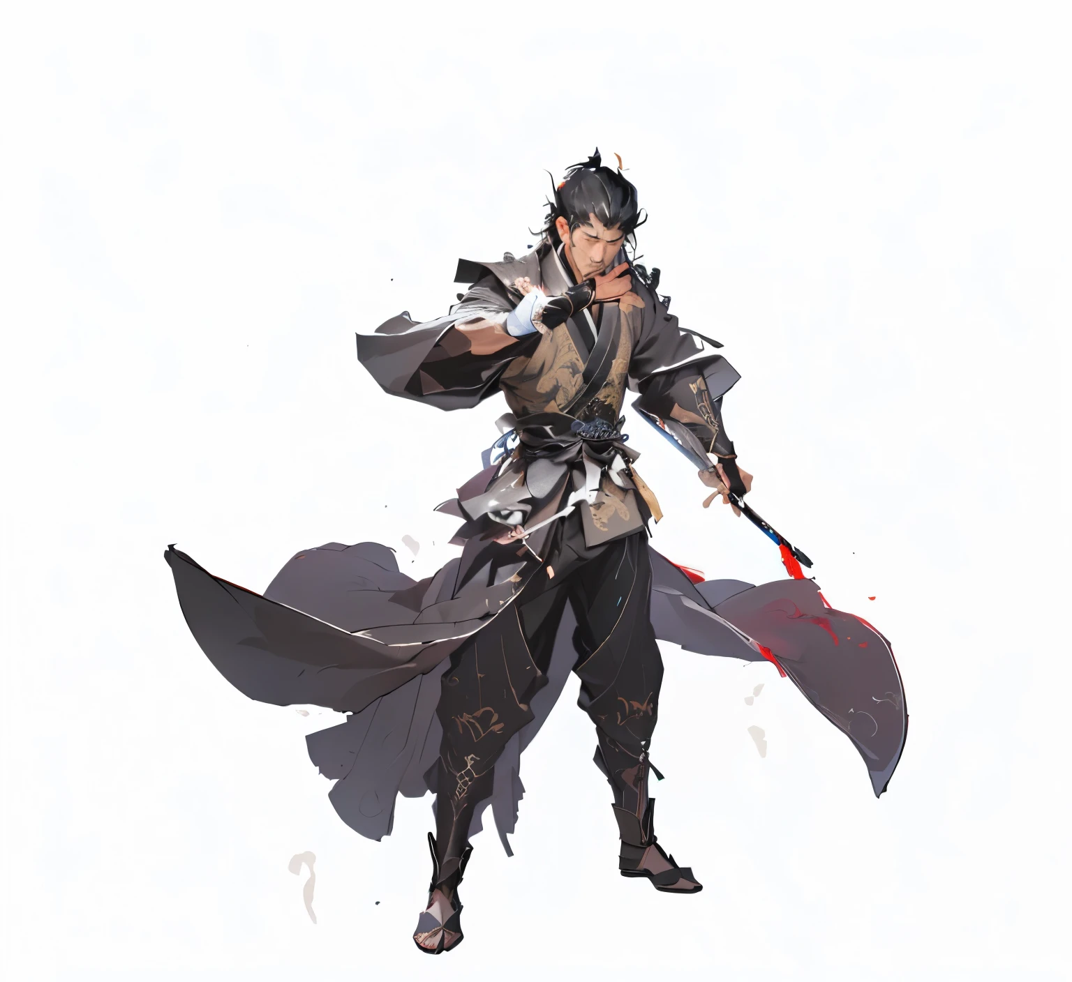 A man in a black dress holding a sword, Very detailed and rich costumes, Chen Jiru, heise jinyao, Full body martial arts, full body xianxia, author:Yang Jie, cai xukun, Inspired by Cao Zhibai, Inspired by Zhang Sengyou, Moon Themed Clothing, Since the Warring States Period,,Flying fish suit,Overlooking角,Overlooking角,Overlooking,Overlooking,Standing,One-handed sword,Wipe mouth with right hand,Overlooking