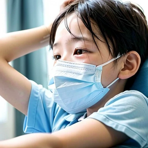 Handsome kindergarten boy with infectious disease、Appearance of suffering. He is wearing a white mask. He has a high fever. he is sleeping. He has a cough. He is exhausted. He is taking his temperature with a thermometer. He is dying. He is cooling his forehead with a cooling gel sheet..Are crying
