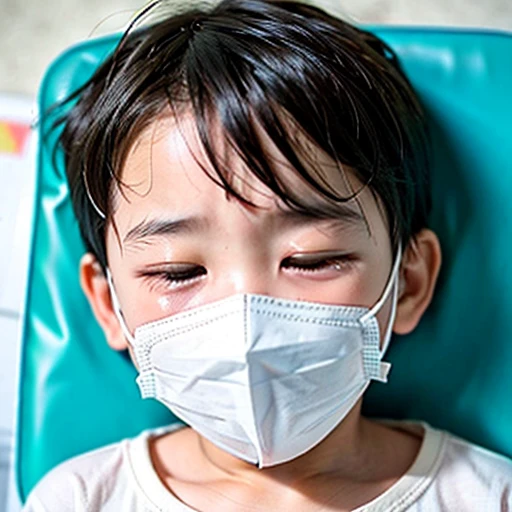 Handsome kindergarten boy with infectious disease、Appearance of suffering. He is wearing a white mask. He has a high fever. he is sleeping. He has a cough. He is exhausted. He is taking his temperature with a thermometer. He is dying. He is cooling his forehead with a cooling gel sheet..Are crying