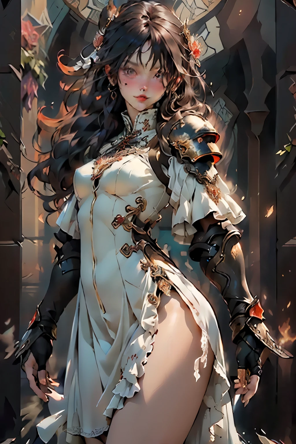 ((best quality)), ((masterpiece)), (detailed), perfect face official art, unity 8k wallpaper, ultra detailed, beautiful and aesthetic, masterpiece, best quality, (zentangle, mandala, tangle, entangle), (fractal art:1.3) , 1girl, extremely detailed, dynamic angle, cowboyshot, the most beautiful form of chaos, elegant, a brutalist designed, vivid colours, romanticism, Bloodborne inspired, occult aesthetic, occult, detailed and intricate steampunk and detailed gothic, NSFW, Very dramatic and cinematic lighting, cosmic horror, grim-dark, side-lighting, perfect face, a beaituful goddess valkyrie adorned and enshrined in armour, Bloodborne inspired valkyrie, occult aesthetic valkyrie, occult valkyrie, detailed and intricate steampunk and detailed gothic valkyrie, wielding a sword and holding a shield, NSFW, Fluttering lace flared long knee length dress with frilly petticoats, knee length dress, pleated petticoats, ta dress, petticoats gothic loliside-lighting, gothic lolita aetic, beautiful small breasts, small breasts, full body, whole body, body, NSFW, full body, whole body, head-to-toe, Vivid colors, detailed armor, engraved metallic armor white and black with gold ascents , intricate designs on the armor, intricate armor engravings, imposing and powerful stance, fierce , flowing hair, dynamic pose, intense battle scene, fantasy setting, vibrant colors, dramatic lighting, epic atmosphere, mythical creatures in the background, magical effects surrounding the sword, attention to anatomy and facial features, iconic use of highlights and shadows, capturing emotion, masterful composition, portraying strong female characters, (1 Men 1.5),(Hairstyles: Red curls,),Beard, Roman mythology,8k wallpaper,finely quality eyes,Right eyes,correct hand, Ultra-detailed, Beautiful and aesthetically pleasing, best qualityer, (s fractal art: 1.3), Machine detailed, dynamic angle, Cowboy shot, The most beautiful forms of chaos, elegant, Fauvis tdesign, vivd colour, romanticism,