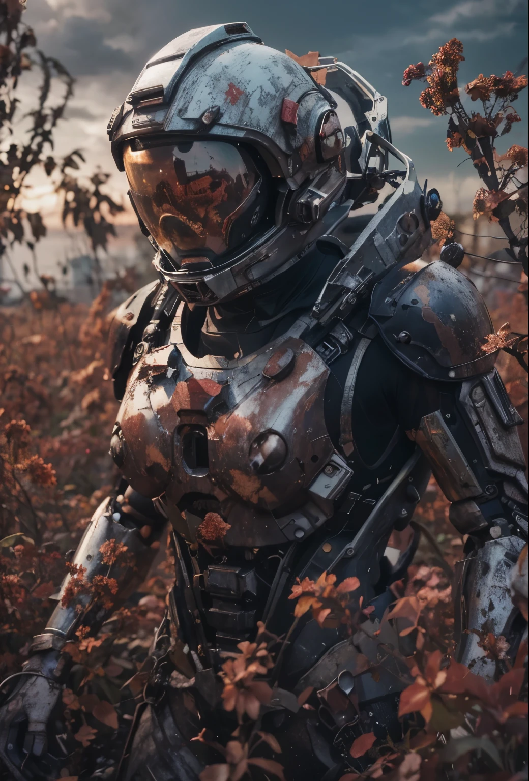 lindo astronauta despido em flores secas, boke o diadema,, danificado suit, damaged mask, Vidro rachado, tela de arranhar,terras malditas,Christmas sky, pessoa esquecida,8k resolution, cinematic style arte digital render with mechanical and futuristic details, Sci-Fi, hiper-realista , Post-apocalyptic, danificado, surreal,Horror, zumbis, gross, monstros, Morto-vivo, body Horror, sunset,fundo do ambiente desfocado, halo de energia neon nas costas, (olhos perfeitamente moldados:0.8), retrato, arte digital, arte conceitual, post-processed, dynamic lighting, (pintado por bochen e wlop, estilizado por nixeu e greg rutkowski), trending on Pixiv, perfect composition, cinematic, majestoso, detalhado, sharp details, sharp focus, Anatomia perfeita, brilhante, Obra de arte, fotografia premiada, rosto de ajuste fino, Obra de arte, arte de yoshiyuki sadamoto e matt banning