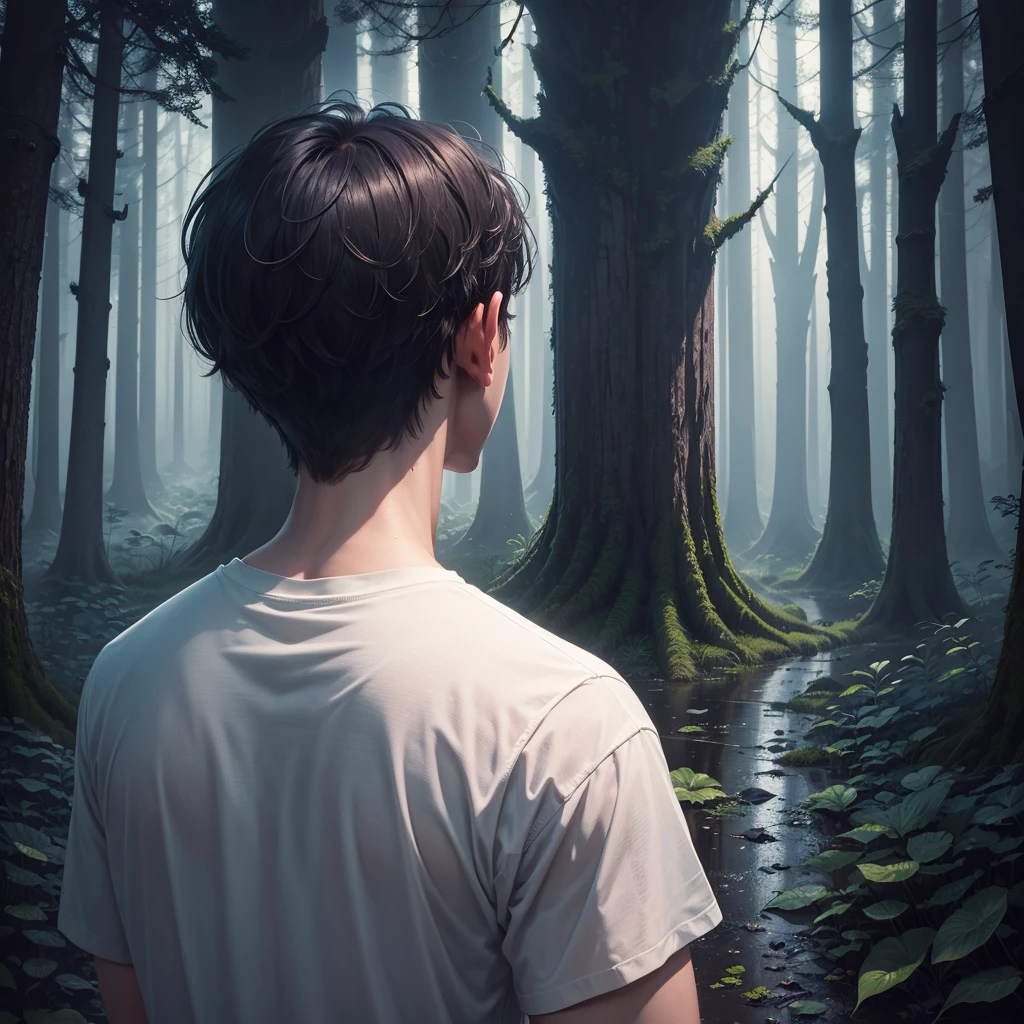 masterpiece,(bestquality),highlydetailed,ultra-detailed, solo, solo boy, sadboy, boy, in dark forest, dark forest, forest, white t shirt, facing back, back, night theme, night, sad scene, rainy.