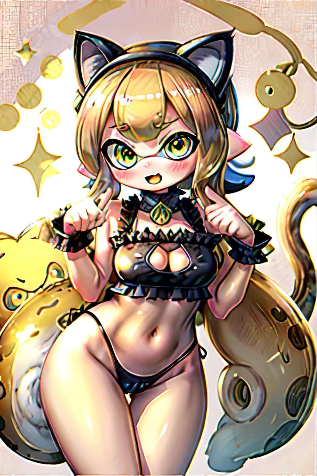 ((masterpiece, highest quality)), High resolution、Edge Quality,Cat Clippings, Cleavage cutout,
3D、Real Anime、Edge Cat Lingerie, Splatoon Girl、Metallic golden tentacle hair、wearing Edge Cat Lingerie、gigantic breast、round and large eyes、Cute eyes、Golden Eyes、Open Mouth Smile、blush、Rouge、