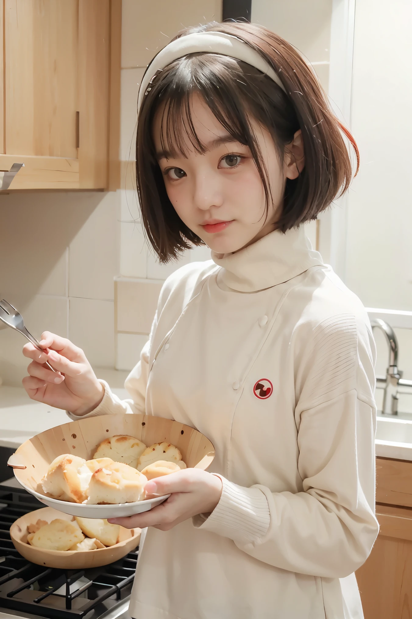 best quality, masterpiece, kyrielight mash, solo, 1girl, black eyes, white turtleneck shirt, (chibi: 0.6), light red hair, sticker, emoji, cute, white background, ((making food))
