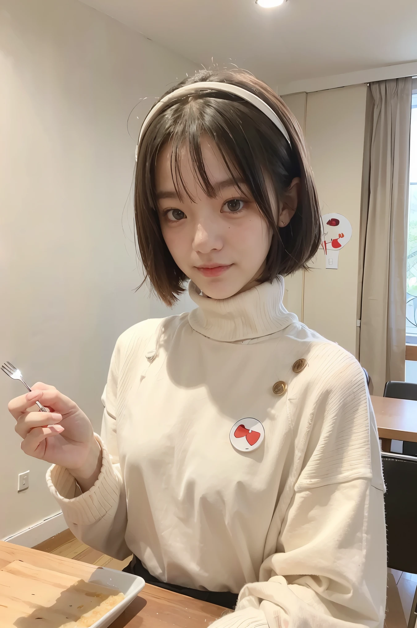 best quality, masterpiece, kyrielight mash, solo, 1girl, black eyes, white turtleneck shirt, (chibi: 0.6), light red hair, sticker, emoji, cute, white background, ((making food))