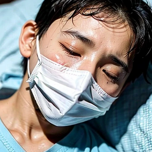 Handsome  with infectious disease、Appearance of suffering. He is wearing a white mask. He has a high fever. he is sleeping. He has a cough. He is exhausted. He is taking his temperature with a thermometer. He is dying. He is cooling his forehead with a cooling gel sheet..Are crying