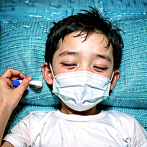 Handsome kindergarten boy with infectious disease、Appearance of suffering. He is wearing a white mask. He has a high fever. he is sleeping. He has a cough. He is exhausted. He is taking his temperature with a thermometer. He is dying. He is cooling his forehead with a cooling gel sheet..Are crying