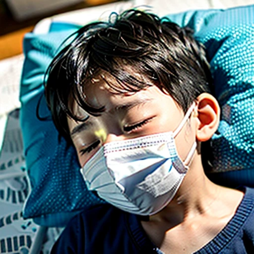 Handsome kindergarten boy with infectious disease、Appearance of suffering. He is wearing a white mask. He has a high fever. he is sleeping. He has a cough. He is exhausted. He is taking his temperature with a thermometer. He is dying. He is cooling his forehead with a cooling gel sheet..Are crying