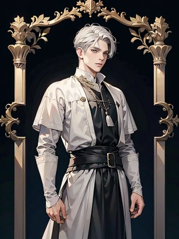 Man, Guy with Gray hair, male, standing, medieval dress looking at viewer, digital art, masterpiece, sharp, black background, close look, no background,