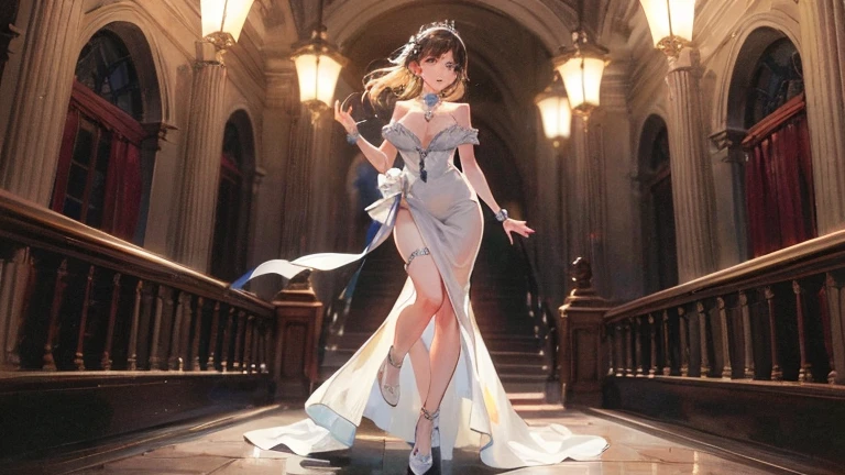 ((best quality)), ((masterpiece)), (detailed), 完美Body,Best body shape,best quality, masterpiece, High resolution, 1 Girl,blush,(Charming smile:0.8),Star-shaped pupil,Dress,Hair accessories,necklace, Jewelry,Pretty Face,Above_Body, ,Full breasts,Complete,Tyndall effect,Reality, Dark Studio, Edge lighting, Two-tone lighting,(High Detail Skin:1.2), 8K uhd, Digital SLR Camera,Wide Angle,Third person perspective,Full body shot, soft light, high quality, Volumetric Lighting, frank, photo, high resolution, 4k, 8K, Bokeh,huge ,Wide hips,(National Foundation:0.6),