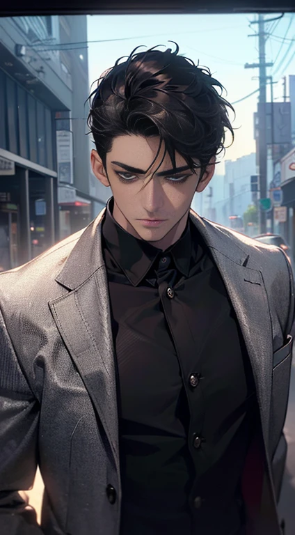 (best quality, masterpiece, 8 thousand, realistic, cinematic lighting, 1:4 HDR images, very detailed, beautiful photoature man, very handsome, ((cold expression)), black short hair, black eye, A perfect face without any mistakes, ((Buttoning my jacket, chief executive))