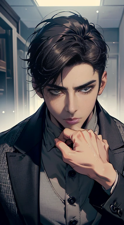 (best quality, masterpiece, 8 thousand, realistic, cinematic lighting, 1:4 HDR images, very detailed, beautiful photoature man, very handsome, ((cold expression)), black short hair, black eye, A perfect face without any mistakes, ((Buttoning my jacket, chief executive))