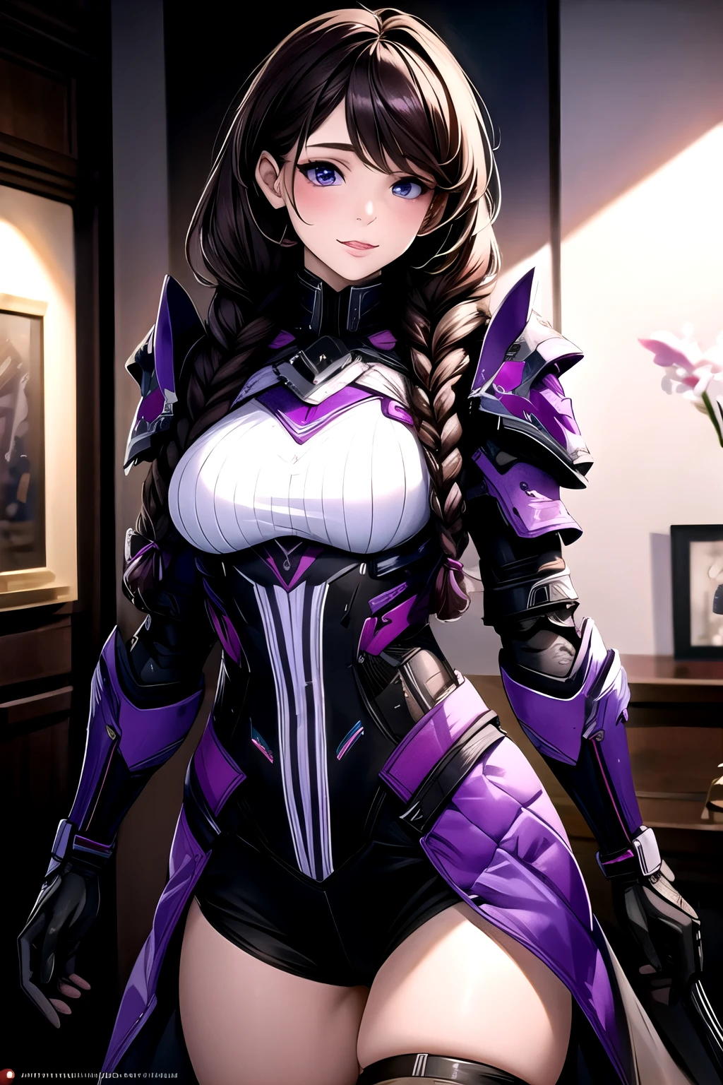 (masterpiece, best quality:1.2), 1 Battle Girl, solitary,Purple and White Ombre Double Braids,Warframe,,Warframe，Conservative Armor