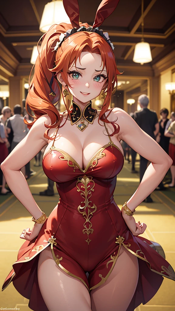 (highest quality,4K,8k,High resolution,masterpiece:1.2),Super detailed,One 40 year old woman、(((mature female))), (((milf))), (((tareme))), Best Bust、large breasts, Beautiful Eyes、orange hair、moss green eyes、Red lips, ((pony tail)), (drill hair), ((forehead)), plump body type, Red Bunny Suit,casino,Body stockings, Beautiful fine details,Beautiful lip detail,Highly detailed eyes and face, Long eyelashes,Colorful lights,Vibrant colors,Soft lighting,Stylish background decoration,roulette,Confident posture,Excited ,Captivating smile,Expression of joy,Strong gaze,Bunny ears headband,,classic casino atmosphere,Exquisite detail,amazing casino interior, (((back shot))), from beiow sexy pose, bewitching pose, arched back, hands on hips