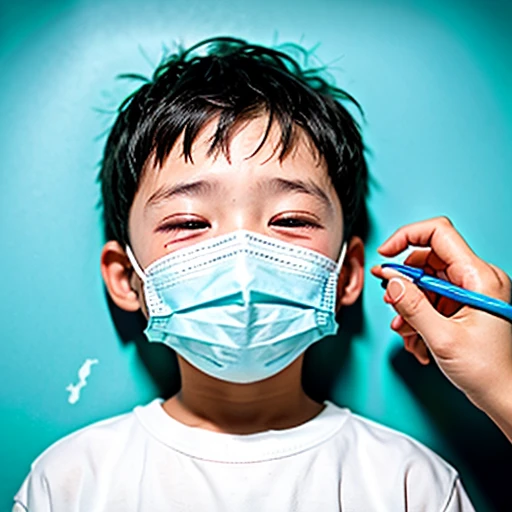 Handsome  with infectious disease、Appearance of suffering. He is wearing a white mask. He has a high fever. he is sleeping. He has a cough. He is exhausted. He is taking his temperature with a thermometer. He is dying. He is cooling his forehead with a cooling gel sheet..Are crying