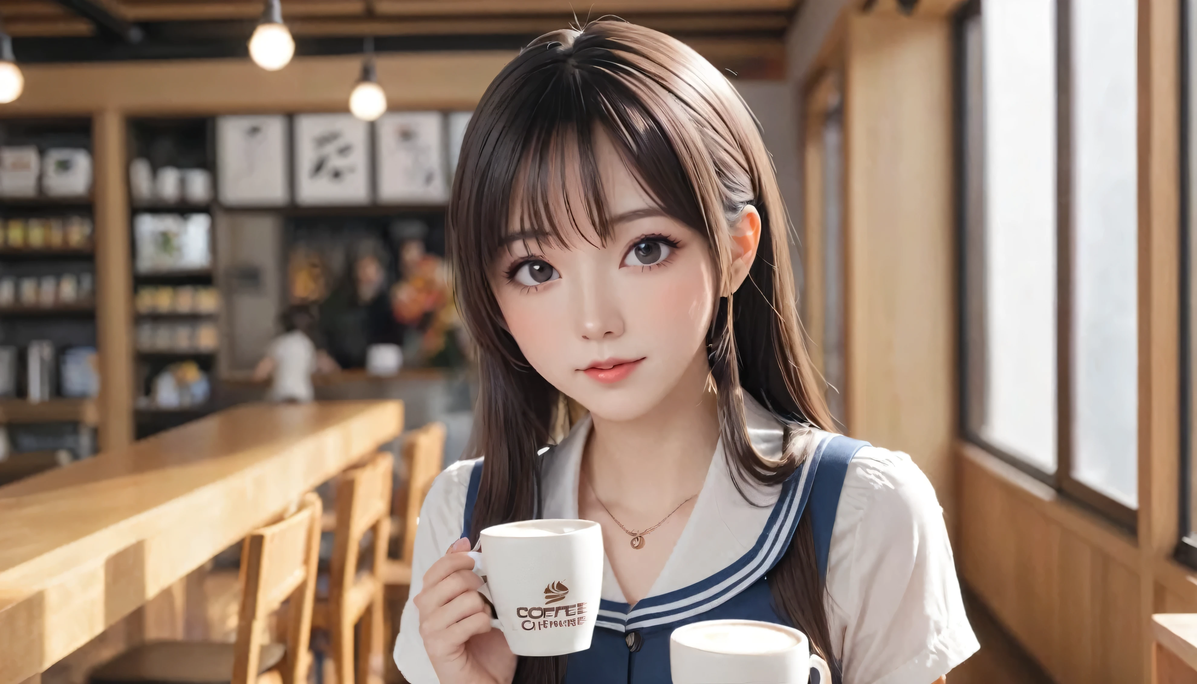 There is a woman holding a coffee cup, Real life anime girls, realistic Young Anime Girl, portrait of Cute Anime Girl, Cute natural anime face, Cute realistic portrait, Realistic Anime 3D Style, pretty girl, Attractive anime girl, Photorealistic Animation, Mysterious Coffee Shop Girl, Young Anime Girl, Cute Anime Girl, Long Hair Anime Girl