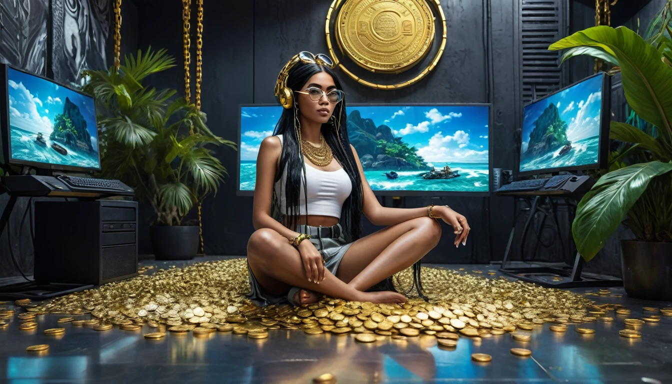 I want a sculpture of stoic philosophers with a black and white background. The picture should focus on the philosphers holding money or in a meeting and showing wealth. It should be a full-body sculpture with walls or buildings in the back ground. Hyper realistic wearing the gold chain glasses several gold coin scattered on the floor,Young woman with dark and mixed skin with long black hair carrying a computer phone and holding two monitors sitting in the room
cyberpunk sci-fi tropical island., bright, detailed, 8k, intricate, fantastic, colorful vibe, bright, gorgeous, reggae
