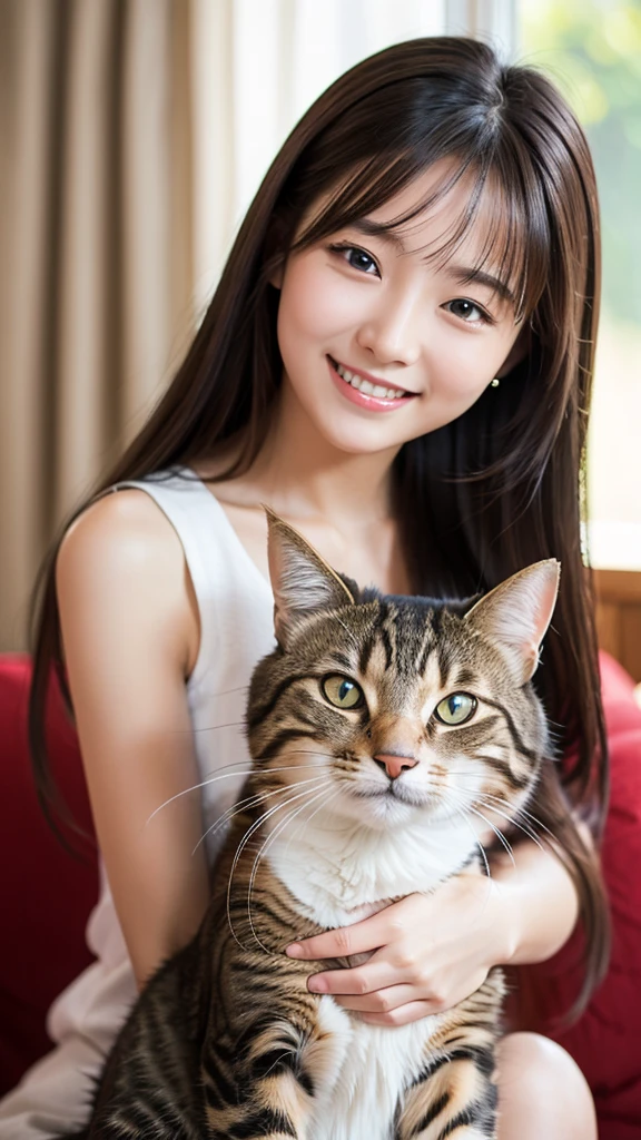 high resolution、Very beautiful woman、nice smile、Clear photos、Realistic photos、Stroking the cat's head