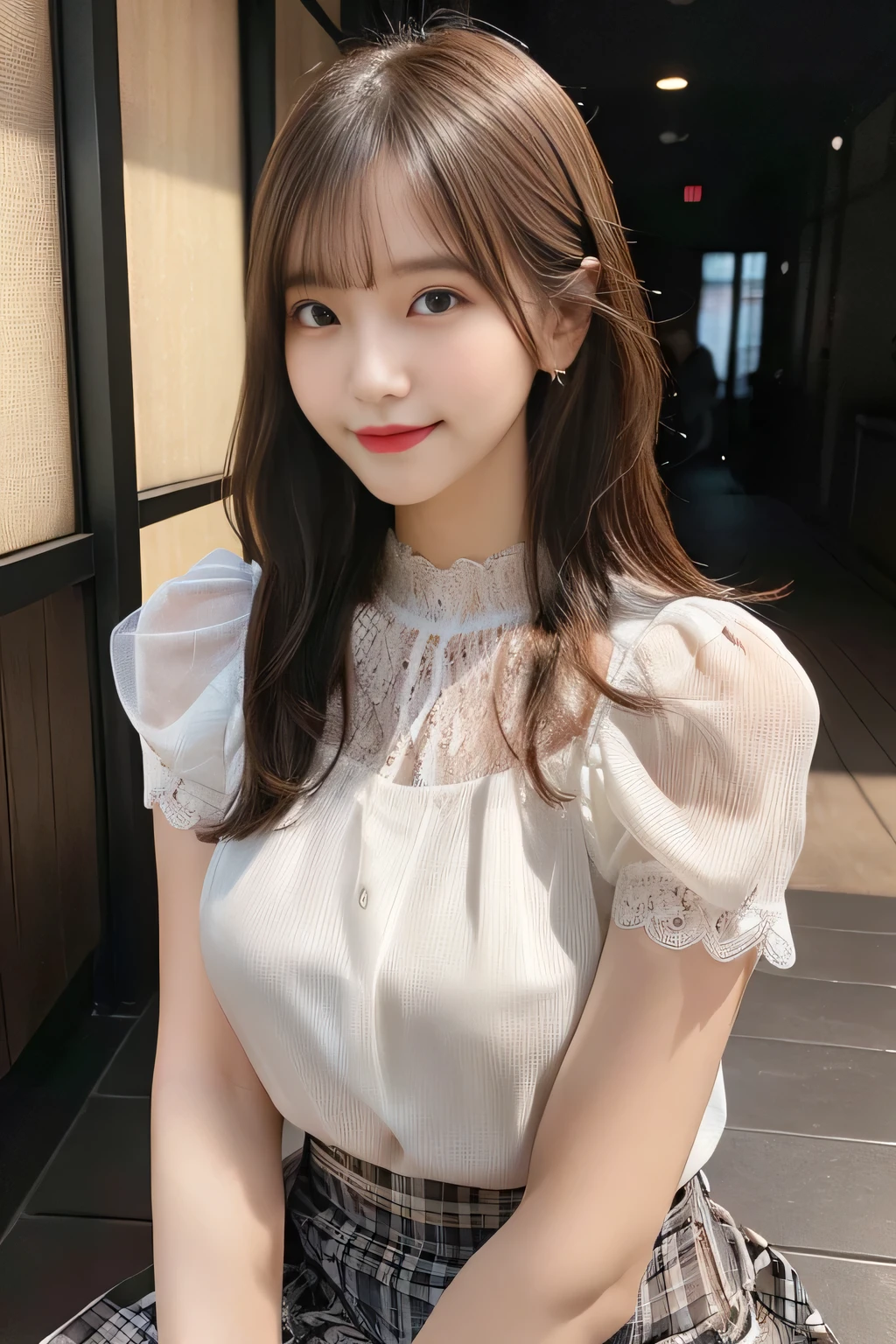 8K, masterpiece, RAW photo, highest quality, realistic, Highly detailed CG Unity 8K wallpaper, written boundary depth, cinematic light, Lens flare, ray tracing, (very beautiful face, beautiful lips, Beautiful drooping eyes), ((super dense skin)) 1 girl, in the dark, ((exposed nipples)), Japanese, idol face, 1 girl, (very slim slender fit-muscled body:1.3), ((looking at the viewer)),(smile:1.3), ((Blouse with lace)), (short sleeve) ,clear eyes, (white skin), (Big eyes), look forward to, (brown straight hair),((plaid skirt)), (looking at the viewer:1.3), (open chest), (very slim), rich bust, thick thighs, See through, ((Squat down and spread your legs)), ((bangs))

