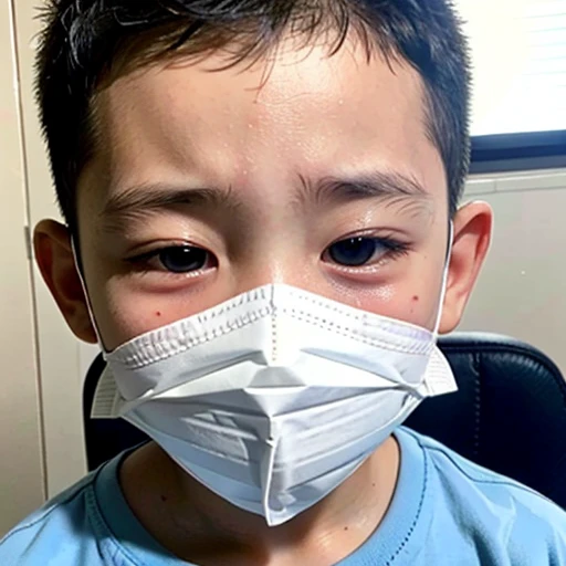 Handsome with infectious disease、Appearance of suffering. He is wearing a white mask. He has a high fever. he is sleeping. He has a cough. He is exhausted. He is taking his temperature with a thermometer. He is dying. He is cooling his forehead with a cooling gel sheet..Are crying
