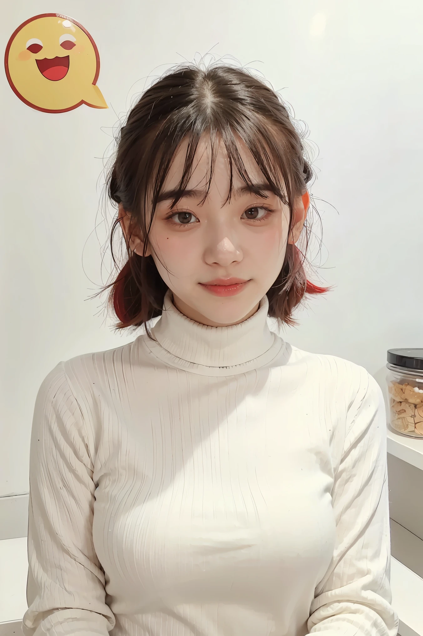 best quality, masterpiece, kyrielight mash, solo, 1girl, black eyes, white turtleneck shirt, (chibi: 0.6), light red hair, sticker, emoji, cute, white background, ((making food))